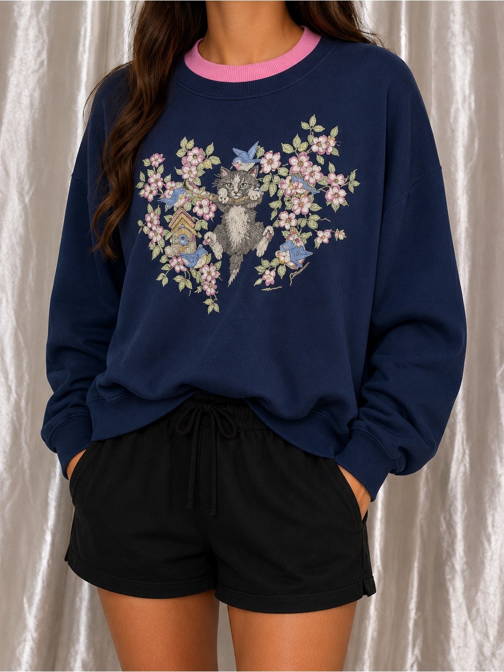 Vintage 90s Morning Sun Cat Birds Floral Sweatshirt Women 1XMade USA Cottagecore